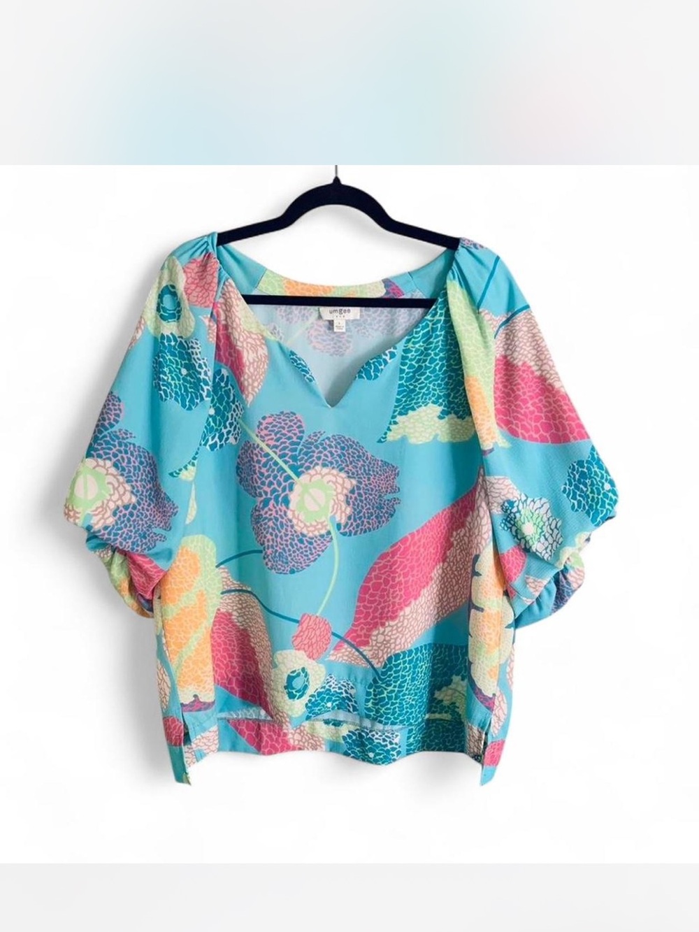 Vibrant Bold Whimsical Umgee Boho Chic Aqua Floral Puff-Sleeve Blouse size L